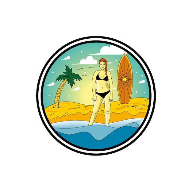 서핑 보드 엠블럼 배지 스티커 라벨 로고 디자인으로 휴가중인 뷰티 비치 소녀