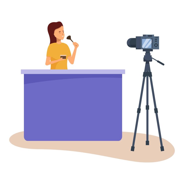 वेक्टर beauty blogger applying make up and recording video blog