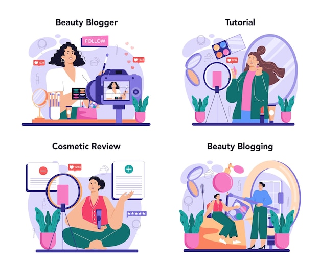 Beauty blogger concept set. Internet celebrity in social network. Popular female