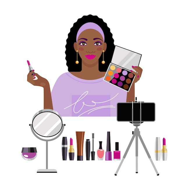 Vector beauty blogger darkskinned girl records video