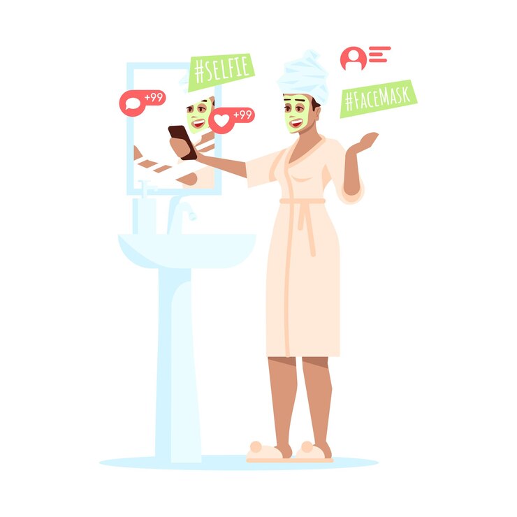 Vector beauty blogger making selfie flat vector illustration. cosmetics, makeup products online review. women fashion blog. cosmetologist, beautician in face mask streaming video isolated cartoon character