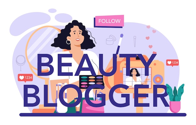 Vector beauty blogger typographic header. internet celebrity in social network. popular female video blogger doing makeup tutorials and reviews. flat vector illustration