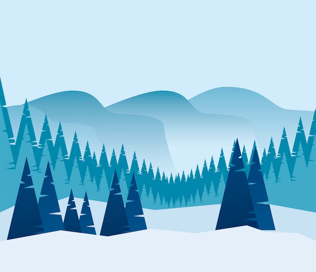 Vector beauty blue winter panoramic landscape scene  illustration