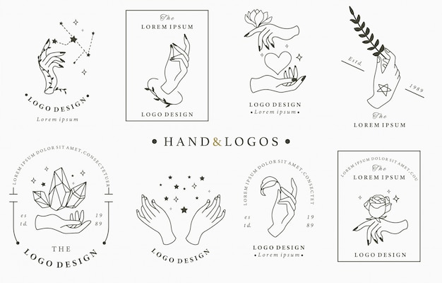 Beauty boho logo collection with hand, rose, crystal, heart, star.