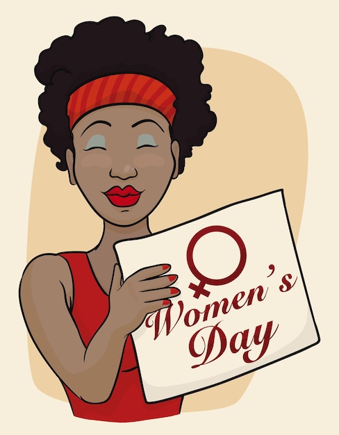 Beauty brown woman with red dress and banner with womens day symbol and message