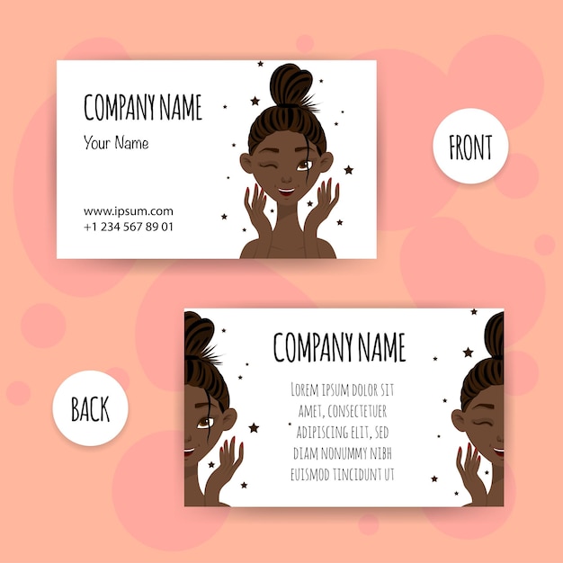 Beauty business card with dark skinned female character Cartoon style Vector illustration