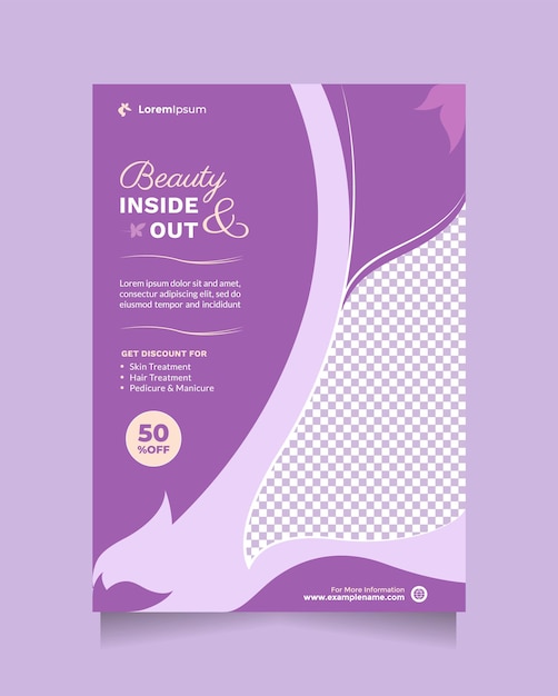 Beauty care service concept flyer and brochure promotion template with a4 size and  purple color