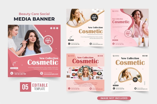 Design della collezione di modelli di social media per la cura della bellezza con colori dorati e rosa bundle di modelli di pubblicità per aziende cosmetiche per il marketing set di poster per la vendita di prodotti di bellezza moderna vettore