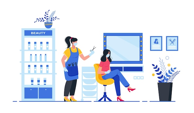 Vector beauty center service concept female character in salon hairdresser with customer