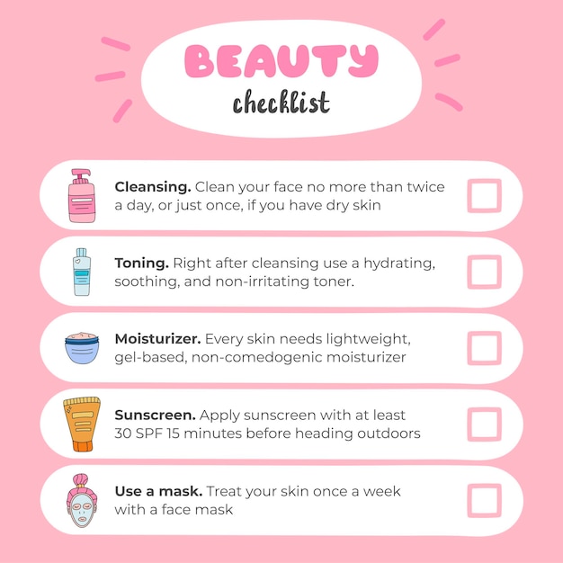 Vector beauty checklist or habit tracker about skin care with cute hand drawn vector illustrations