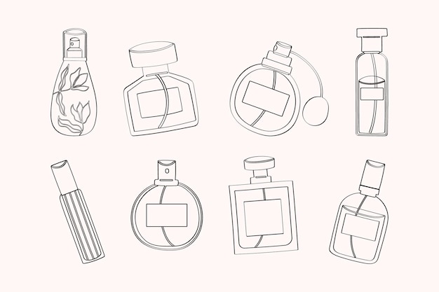 Beauty collection of hand drawn flat bottles of perfume elements illustration