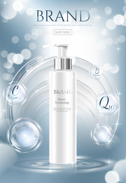 Beauty cosmetic ads Glass product with water in atom molecule Cosmetics bottles mockup banner Realistic 3d vector