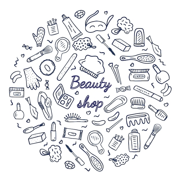 Beauty cosmetics and make up doodle icons in a circle Hand drawn vector fashion sketch items for sh