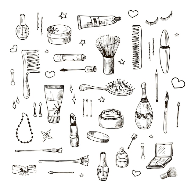 Beauty doodle set. collection of hand drawn beauty, makeup and cosmetics icons and objects. sketch design elements. isolated vector illustrations on a white background.