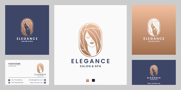 Beauty elegance women face and hair style logo design with golden color