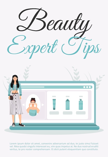 Beauty expert tips poster flat template. skincare daily routine blog. brochure, booklet one page concept design with cartoon characters. cosmetology procedure advices flyer, leaflet