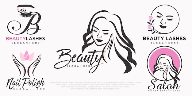 Красота наращивание ресниц красота женщины и дизайн логотипа набора иконок для ногтей