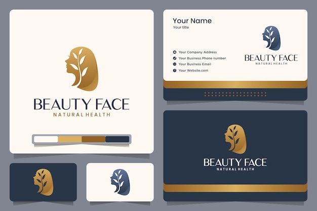 Красота лица, природа, девушка, листья, золотой цвет, дизайн логотипа и визитная карточка