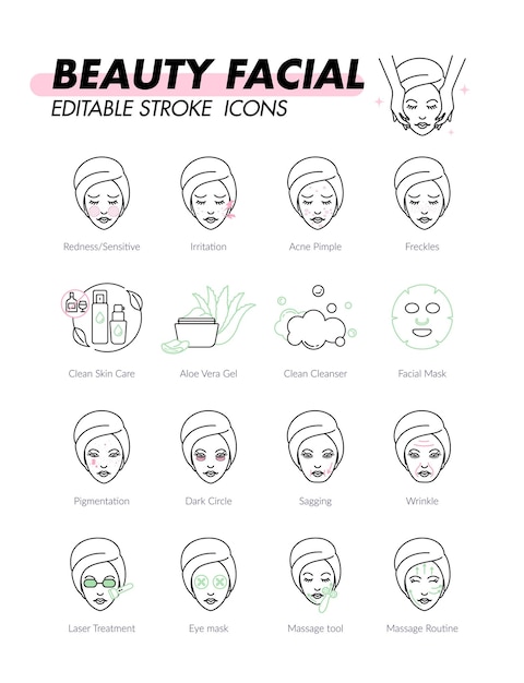 Le icone per la cura della pelle del viso di bellezza impostano l'illustrazione vettoriale della linea modificabile problema della pelle e soluzione come