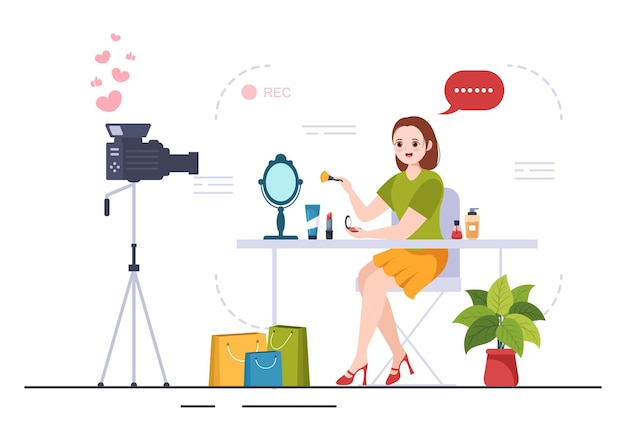 Illustrazioni del blog di bellezza e moda con i blogger rivedere i video delle tendenze alla moda