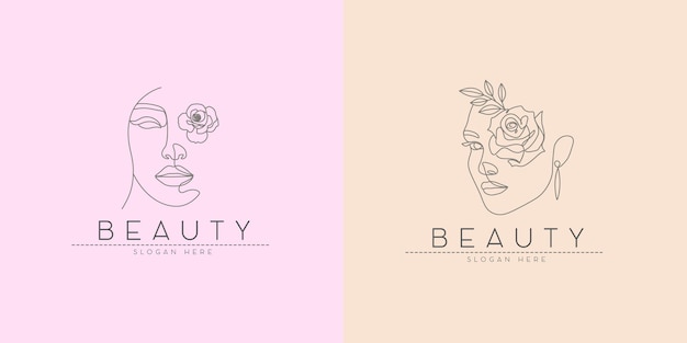 Beauty fashion feminine flower woman natural face line drawing logo design set