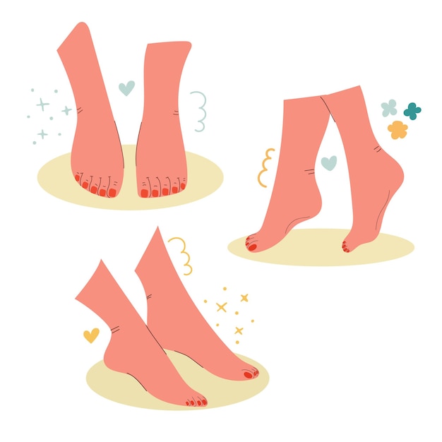 Вектор beauty feet с красным лаком для ногтей, педикюр, концепция спа-массажа для ног.