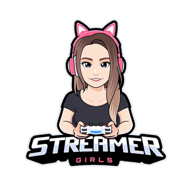 Vettore logo della streamer femminile di bellezza illustrazione vettoriale della mascotte da gioco