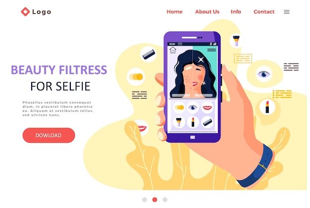 Filtri di bellezza per selfie schermata interfaccia fotogramma in applicazione di social media con una ragazza felice selfie design app post modello pagina di atterraggio mano tenendo il telefono con programma per l'editing di foto