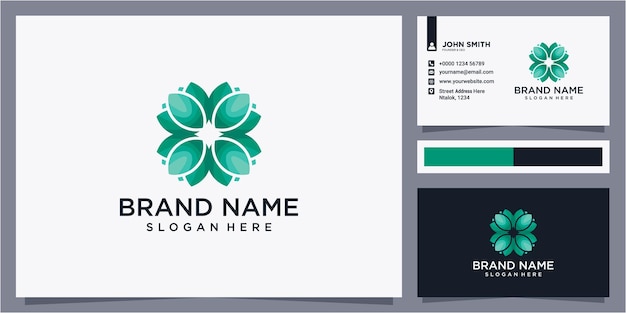 Design del logo di colore verde fiore di bellezza con biglietto da visita