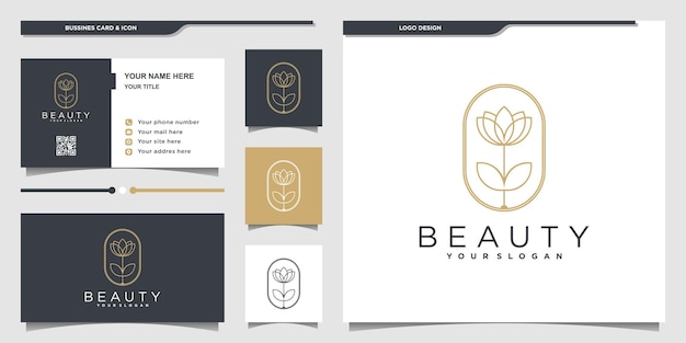 Beauty flower logo with unique beauty line art style and business card design Premium Vector