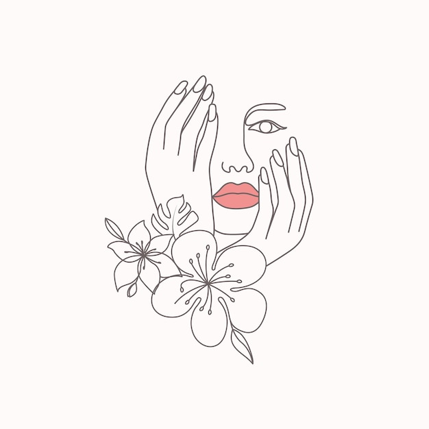 Beauty flower woman abstract female beauty face with flowers line art