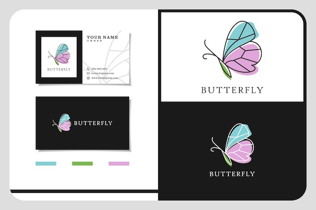 Vector beauty flying butterfly logo with simple minimalist line art monoline style business card