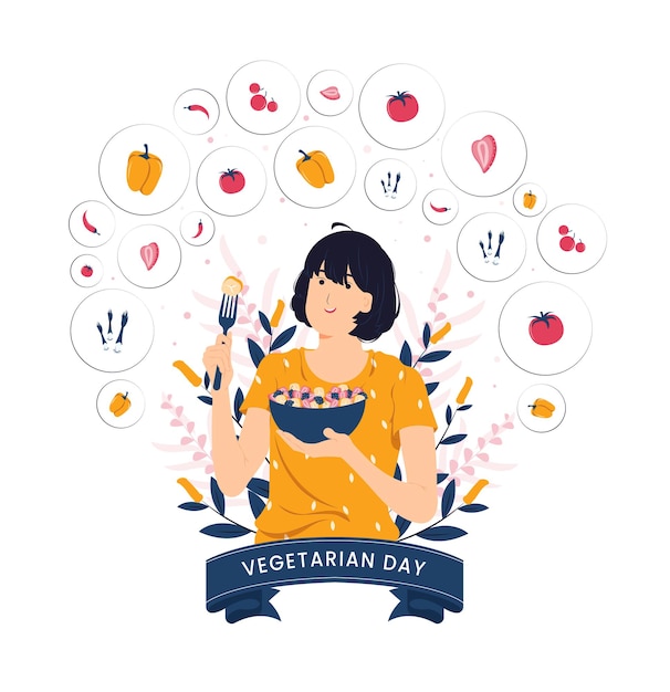 Vettore la ragazza di bellezza si sente felice mangiando insalata di cibo dietetico per una buona salute sull'illustrazione del concetto di giorno vegetariano