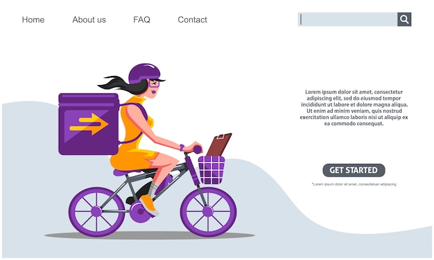 Девушка красоты ехать фиолетовые коробки нося велосипеда курьерская служба доставки.