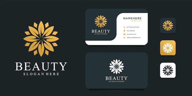 Beauty gold flower logo design with business card template.