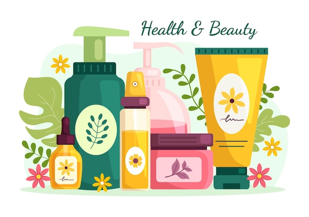 Vettore illustrazione di bellezza e salute con cosmetici naturali e prodotti ecologici per la pelle o il trattamento del viso
