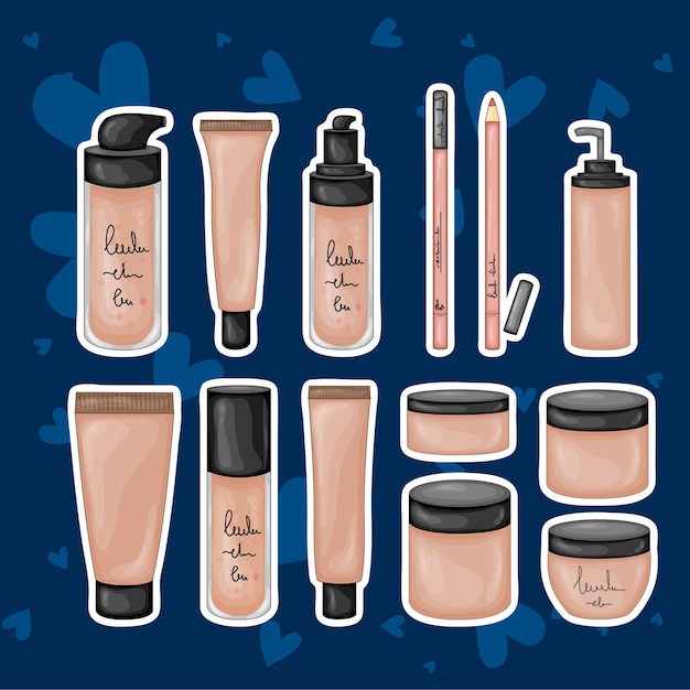 Beauty illustration with cosmetic jars. Cartoon style.