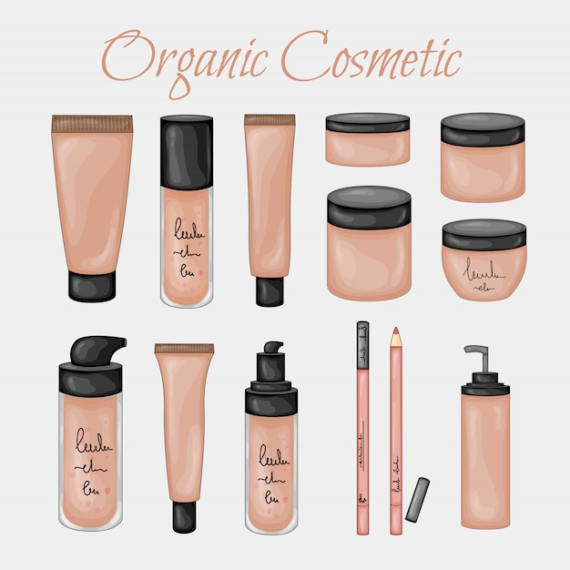 Beauty illustration with organic cosmetic jars. Cartoon style. .