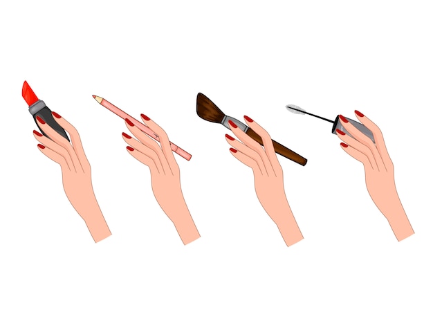 Beauty illustration with set of female hands with beauty objects.
