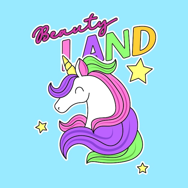 Vector beauty land text witha unicorn with colorful hair