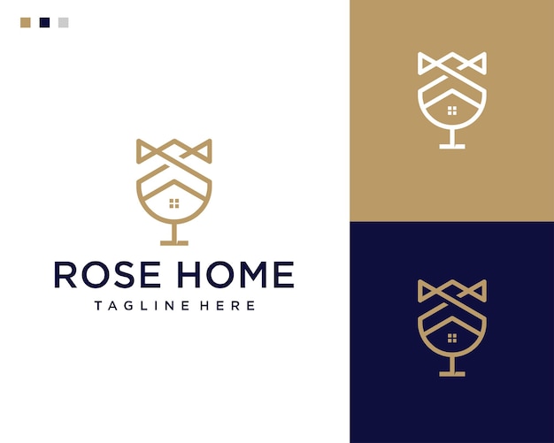 Beauty line art rose and home logo design