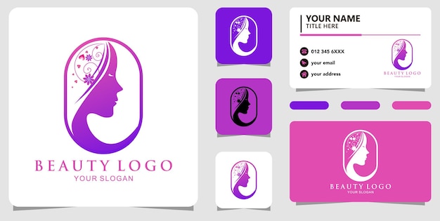 Вектор логотипа красоты с цветочными волосами и визитной карточкой