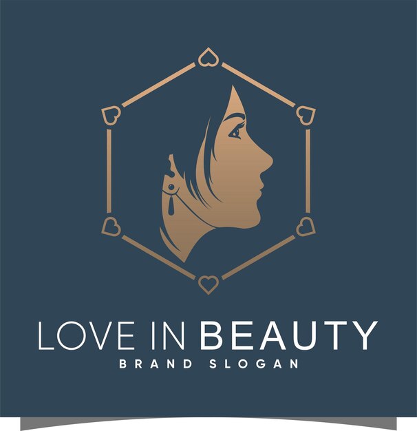 Logo di bellezza con amore ed esagono design moderno vettore premium