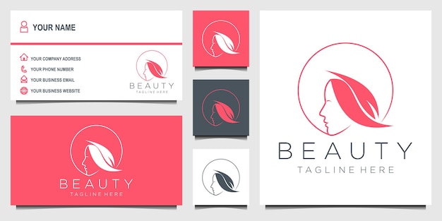 Beauty logo with woman inside circle style and business card design template flower logo vector