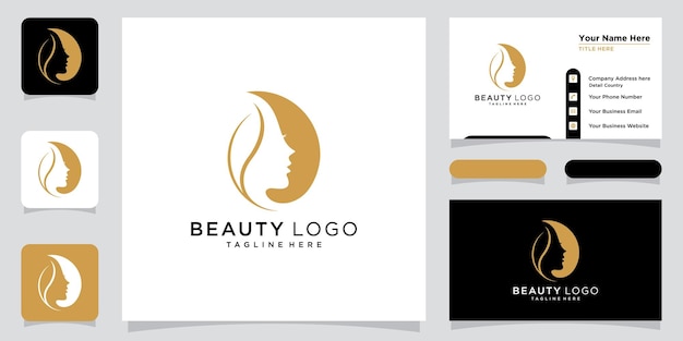 Logo di bellezza con stile donna e modello di progettazione di biglietti da visita vettore premium