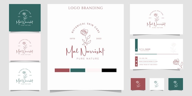 Logotipo di bellezza con ornamenti botanici con modello di biglietto da visita vettore premium