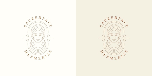 Beauty magic female portrait logo emblem design template vector illustration in minimal line art style Linear woman face silhouette for esoteric logotype or witchcraft brand insignia
