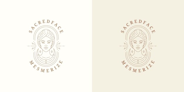 Beauty magic female portrait logo emblem design template vector illustration in minimal line art style Linear woman face silhouette for esoteric logotype or witchcraft brand insignia