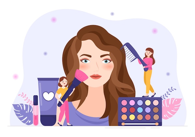 Vettore scuola di bellezza e trucco con prodotti cosmetici per belle ragazze che applicano il trucco nell'illustrazione