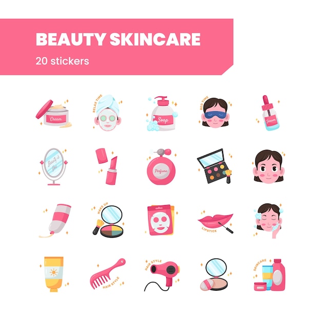 Beauty make up skincare routine product for woman skincare sticker illustration set